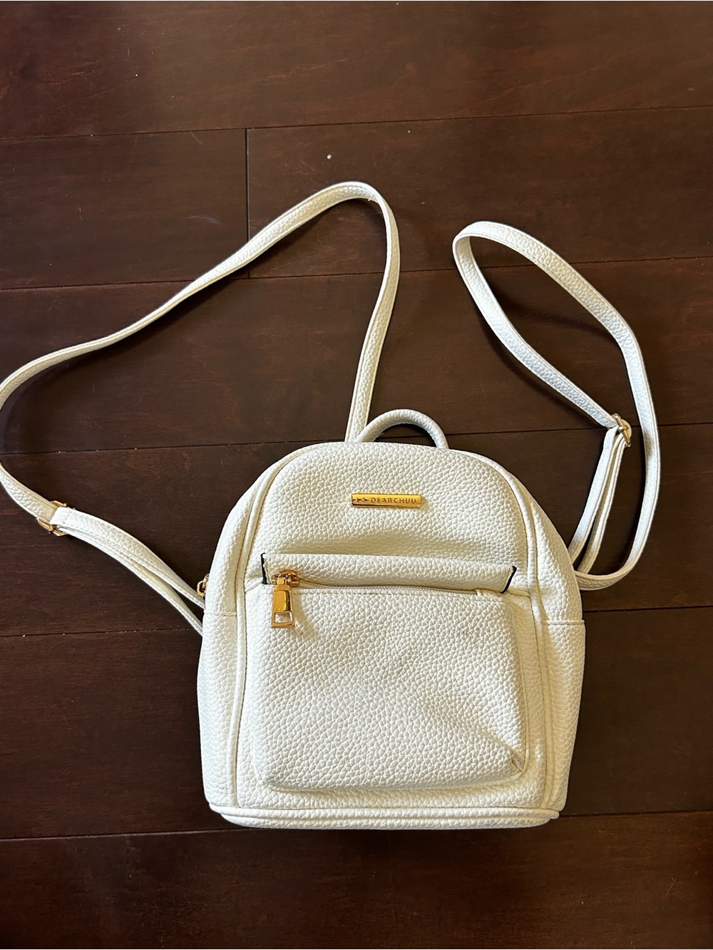 White Faux Leather Pebbled Mini Backpack with Gold Accents